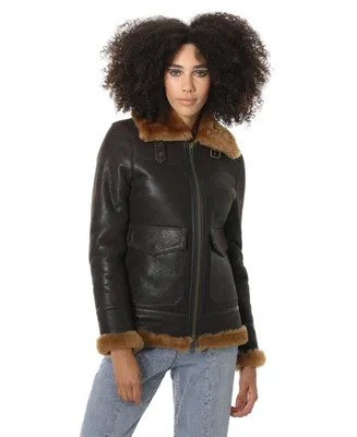 Furniq Uk Women's Vintage -like Look Sheepskin Bomber Jacket, Brown with Ginger Wool