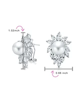 Bling Jewelry Classic Cocktail Party Halo Leaf Cz Marquise 10 Mm White Simulated Pearl Stud Earrings For Omega Back Rhodium Plated Brass