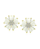 Romantic Heart-Shaped Petals White Flower Cats Eye Cz Accent Button-Style Quartz Stud Earrings with Omega Clip for Women in Gold Plated