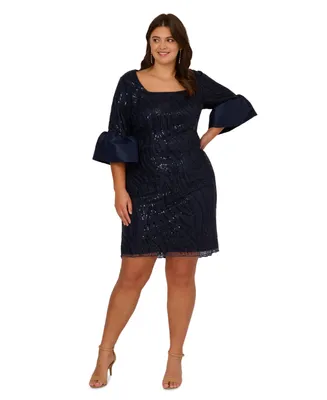 Adrianna Papell Plus Sequined Bell-Sleeve Sheath Dress