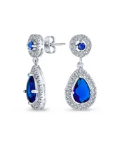 Bling Jewelry Fashion Blue Cz Halo Teardrop Drop Earrings For Women For Prom Royal Blue Cubic Zirconia Rhodium Plated Brass