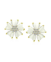 Bling Jewelry Heart-Shaped Petals White Flower Cats Eye Cz Accent Button-Style Quartz Clip On Earrings For Women in Gold Plated