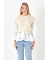 English Factory Women's Mixed Media Cable Sweater