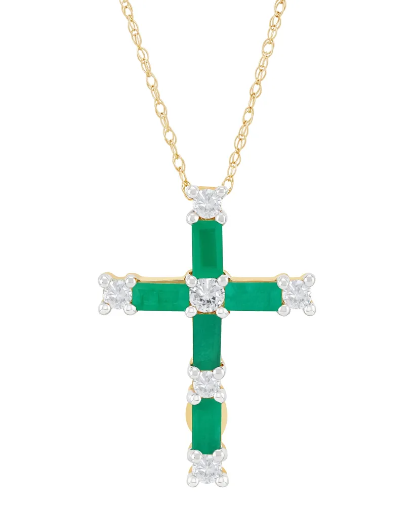 Emerald (7/8 ct. t.w.) & Diamond (1/5 Baguette Cross 18" Pendant 14k Gold (Also Ruby Sapphire)