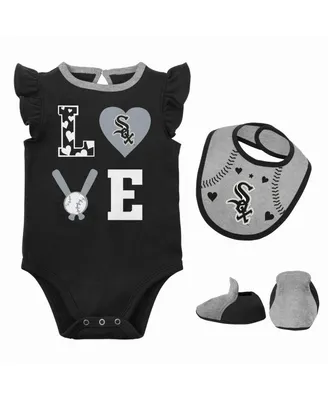 Newborn and Infant Boys Girls Black, Heather Gray Chicago White Sox Three-Piece Love of Baseball Bib Bodysuit Booties Set