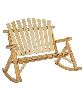 Outsunny 2-Seat Porch Rocking Chair, Oversized Rustic Log Adirondack Outdoor Rocker, Wooden & Slatted for Indoor, Outdoor & Patio