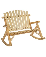 Outsunny 2-Seat Porch Rocking Chair, Oversized Rustic Log Adirondack Outdoor Rocker, Wooden & Slatted for Indoor, Outdoor & Patio