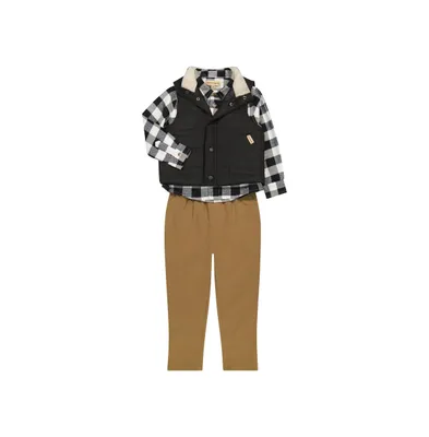 Infant Boys 3 Piece Outfit Set with Puffer Vest, Long Sleeve Flannel Top, and Elastic Waistband Pants