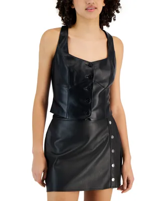 Bar Iii Women's Button-Up Faux-Leather Tank Top, Created for Macy's