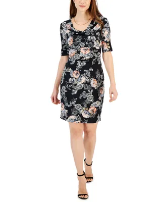 Connected Petite Printed Cowlneck Sheath Dress