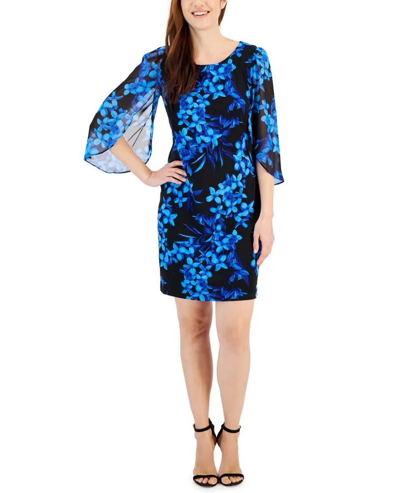 Connected Petite Printed Tulip-Sleeve Chiffon Sheath Dress