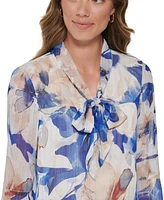 Dkny Petite Printed Tie-Neck Long-Sleeve Blouse