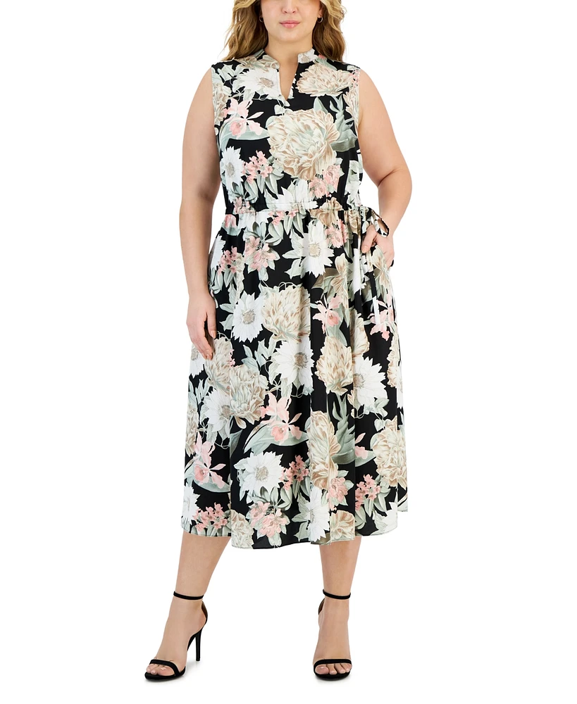 Anne Klein Plus Jenna Floral Drawstring-Waist Dress