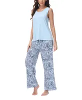 Echo Women's Solid 2 Piece Tank Top with Printed Wide Pants Pajamas Set