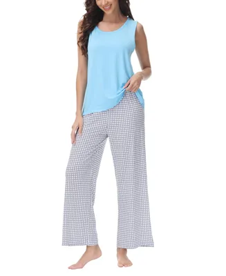 Echo Women's Solid 2 Piece Tank Top with Printed Wide Pants Pajamas Set