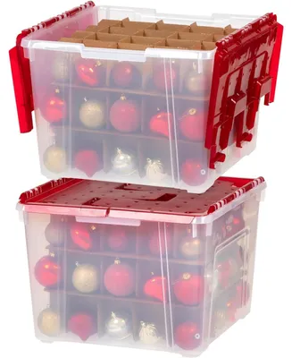 Iris Usa 2Pack 60qt Plastic Christmas Ornament Storage Box with Hinged Lid and Dividers, Red, Holiday Color