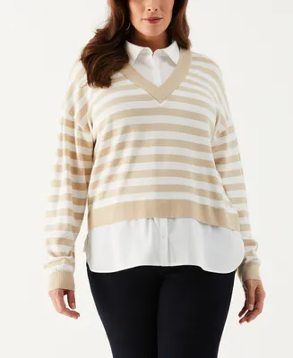 Ella Rafaella Plus Striped Layered Long Sleeve Sweater