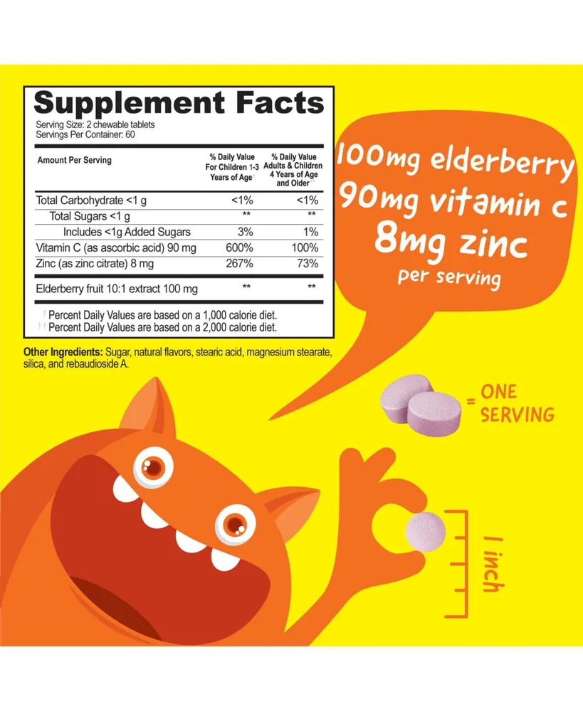 VitaWorks Kids Elderberry With Zinc and Vitamin C Chewable Tablets - Immune And Antioxidant Support - Dietary Supplement Vitamins - 120 Chewables