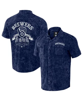 Men's Darius Rucker Collection by Fanatics Navy Distressed Milwaukee Brewers Denim Team Color Button-Up Shirt