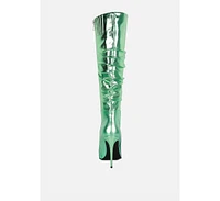 New-expression Pink Metallic Ruched Stiletto Knee Boots
