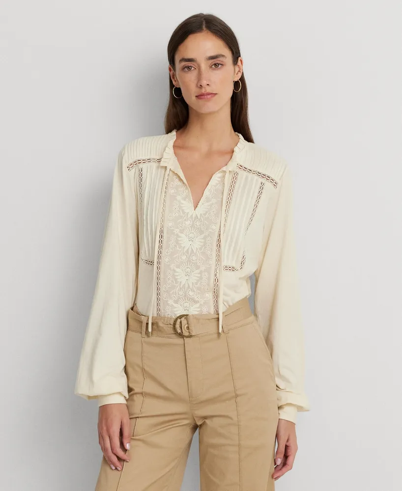 Lauren Ralph Lauren Tied Blouson-Sleeve Stretch Shirt