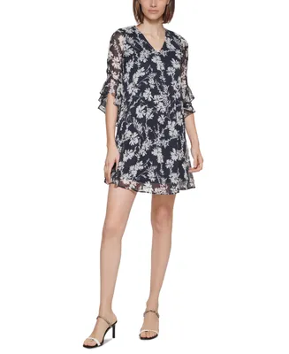 Calvin Klein Women's 3/4-Sleeve Printed Chiffon Dress