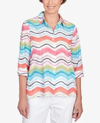 Alfred Dunner Petite Classic Brights Wavy Stripe Button Down Top