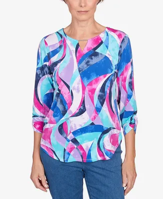 Alfred Dunner Petite Classic Puff Print Stained Glass Swirl Split Neck Top