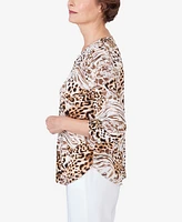 Alfred Dunner Petite Classic Puff Print Mixed Animal Print Split Neck Top