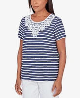 Alfred Dunner Petite Classic Neutrals Lace Neck Striped Split Hem T-shirt