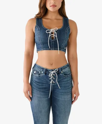 True Religion Women's Crystal Lace Up Denim Bra Top