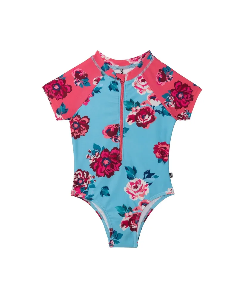 Deux Par Deux Baby Girl Printed Short Sleeve One Piece Rashguard Pink &  Blue Roses - Infant