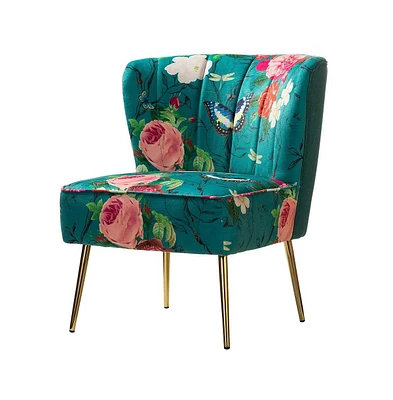 Tufted Floral Fabric Accent Chair with Gold Metal Legs for Living Room