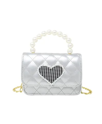 Girl's Silver Quilted Pearl Handle Heart Bag
