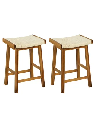 25.5'' Dining Saddle Stool Set of 2 Counter Height Seaweed Woven Seat Solid Wood