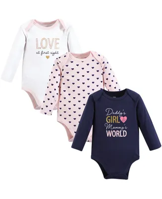 Hudson Baby Infant Girl Cotton Long-Sleeve Bodysuits, Love At First Sight, 3-Pack