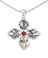 Amethyst (1-1/3 ct. t.w.), Garnet (1-5/8 ct. t.w.), & Marcasite (5/8 ct. t.w.) Filigree Cross 18" Pendant Necklace in Sterling Silver - Multi