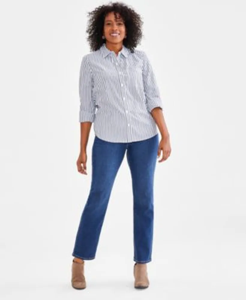 Style Co Womens Cotton Buttoned Up Shirt High Rise Straight Leg Jeans Ankle Booties Bead Earrings Created For Macys