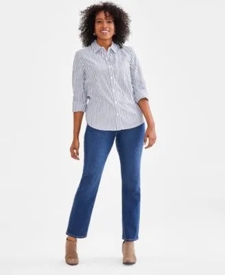 Style Co Womens Cotton Buttoned Up Shirt High Rise Straight Leg Jeans Ankle Booties Bead Earrings Created For Macys