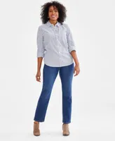 Style Co Womens Cotton Buttoned Up Shirt High Rise Straight Leg Jeans Ankle Booties Bead Earrings Created For Macys