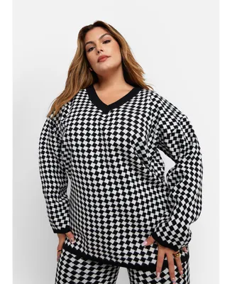 Rebdolls Women's Octavia Checkered Knit Oversized V Neck Sweatshirt