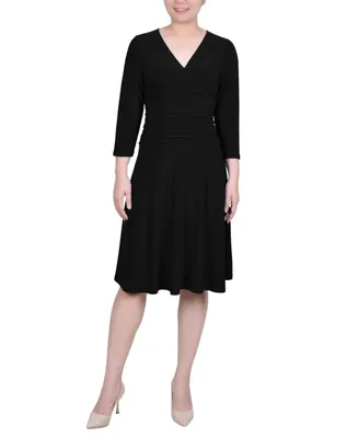 Ny Collection Petite 3/4 Sleeve Rouched-Waist Dress