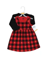 Hudson Baby Girls Cotton Dress and Cardigan Set, Gold Heart Buffalo Plaid, 18-24 Months