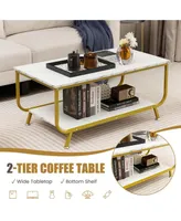 Coffee Table 2-Tier Modern Marble Coffee Table with Storage Shelf for Living Room