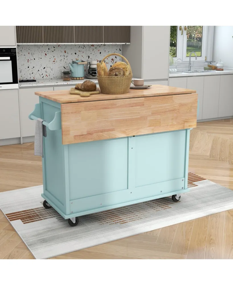 Simplie Fun Rolling Mint Green Kitchen Cart with Drop-Leaf Countertop