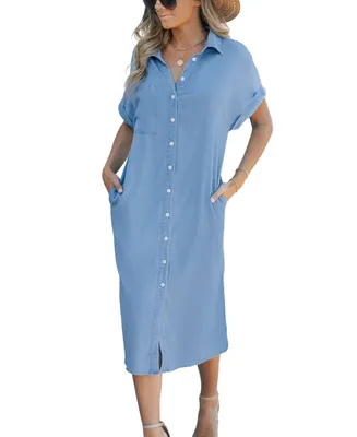 Cupshe Women's Denim Short Sleeve Button Down Cover Up Dress