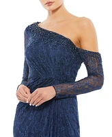 Women's Draped Jewel Encrusted Lace Drop Shoulder Gown