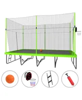 10ft by 17ft Rectangular Trampoline with Green Fabric Black Powder-coated Galvanized Steel Tubes with Basketball Hoop System Advanced Ladder