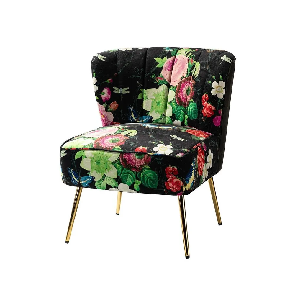 Tufted Floral Fabric Accent Chair with Gold Metal Legs for Living Room