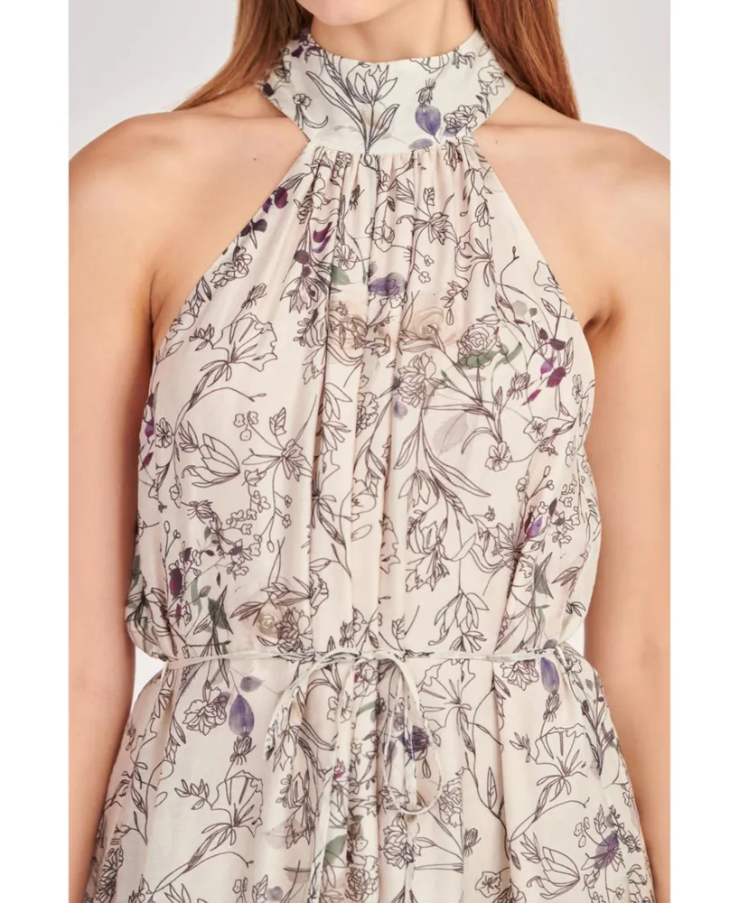 Women's Abstract Floral Print Halter Maxi Dress